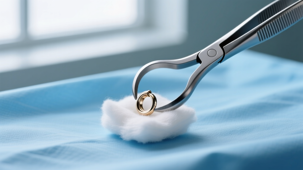 Sterile curved mosquito hemostat forceps gripping a buried titanium earring back, resting on a clean blue medical drape background