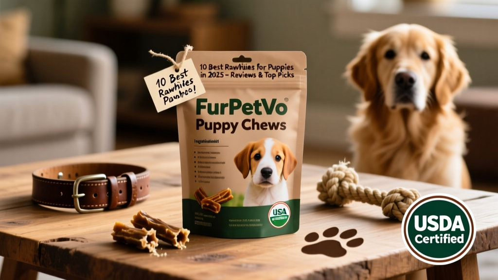 Packaging shot of FurPetVo Natural Puppy Chews showing ingredient list and USDA-certified label
