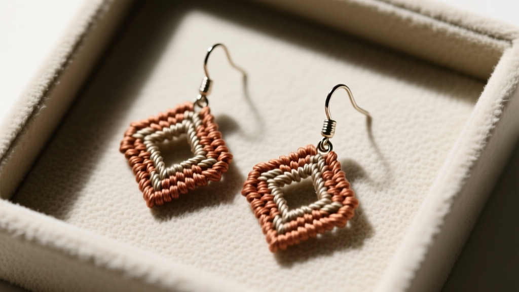 Overhead view of brick stitch earrings on matte titanium leverbacks, revealing the cleanly finished ultra-suede backing material.