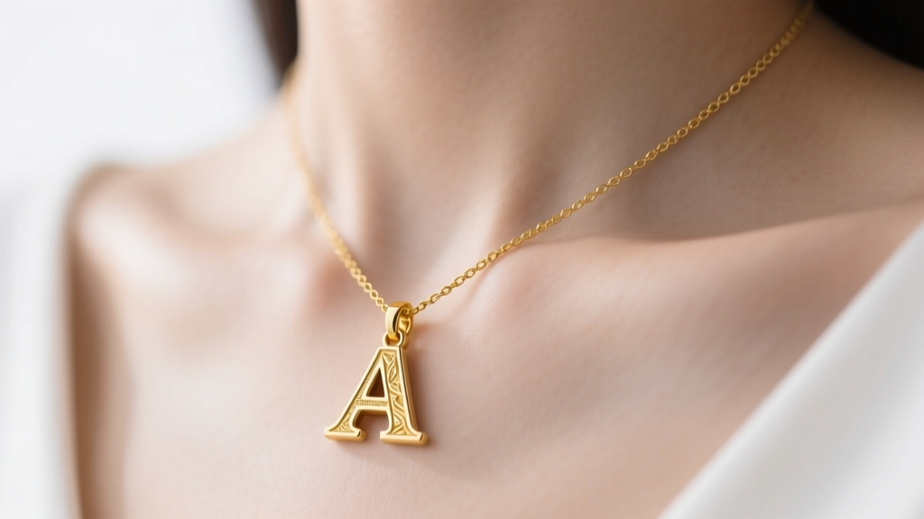 Close-up of a delicate 14k yellow gold necklace with a serif letter A pendant resting on a collarbone in soft natural light