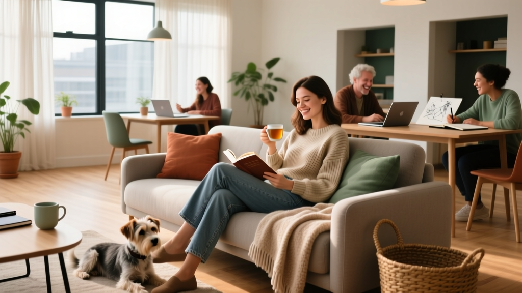 A solo female traveler relaxing comfortably in a well-lit, modern hostel common area with other guests nearby