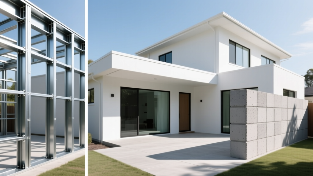 Split-screen architectural render showing cold-formed steel framing on one side and autoclaved aerated concrete blocks on the other, with a bright modern home exterior.