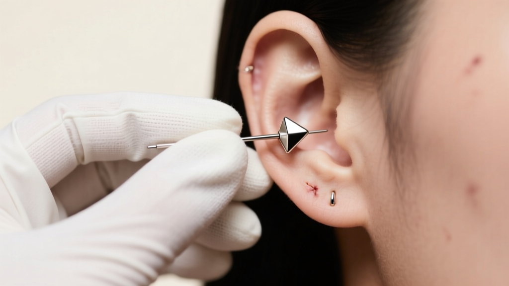 Gloved hands inserting a threadless 16-gauge titanium flat back earring into a healed helix piercing under bright studio lighting.