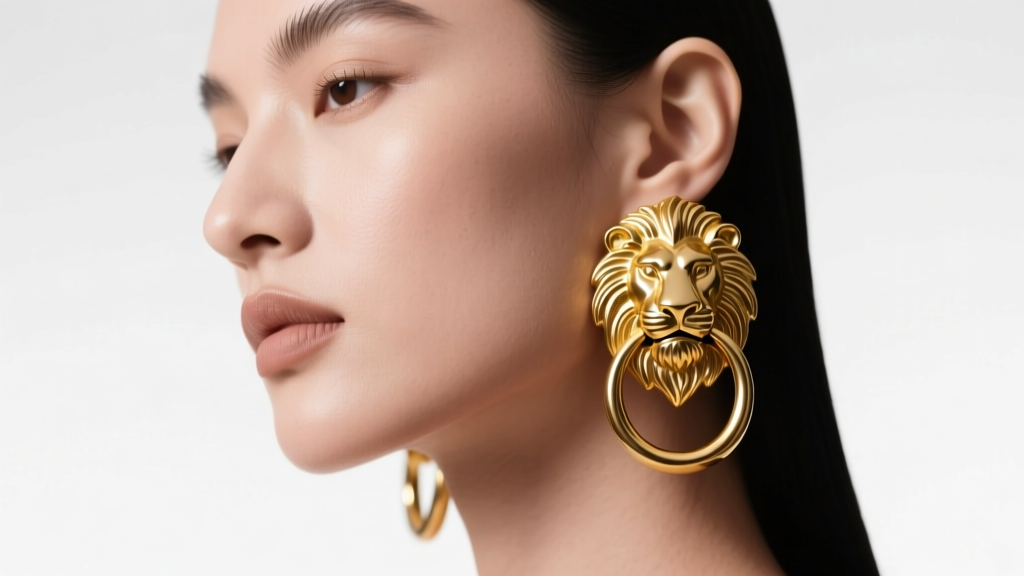 Model wearing bold gold-plated lion door knocker earrings, showing the detailed engraved mane under soft studio light