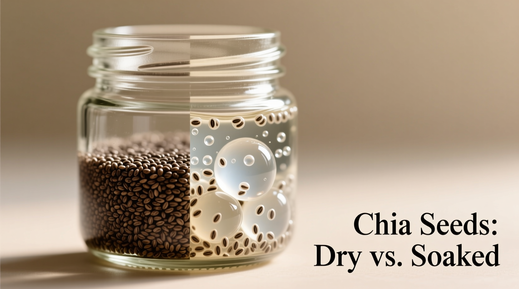 Chia seeds in mason jar with soaked and dry comparison
