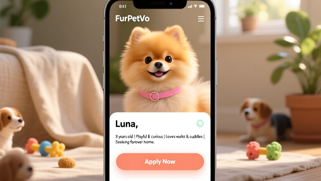 Screenshot-style graphic showing a FurPetVo profile page with a Pomeranian photo, bio section, and 'Apply Now' button