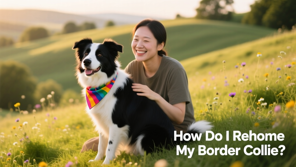 A happy Border Collie wearing a colorful bandana, sitting confidently beside her new owner on a grassy hill