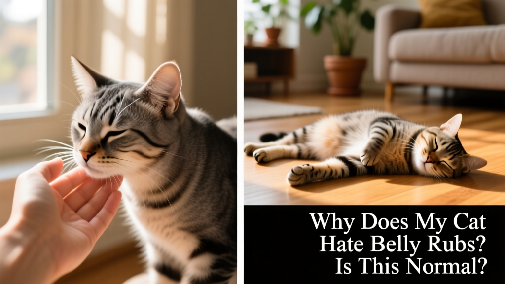 Side-by-side comparison: one image shows a cat gently head-butting a hand; the other shows the same cat lying on its side, belly exposed, eyes half-closed and relaxed
