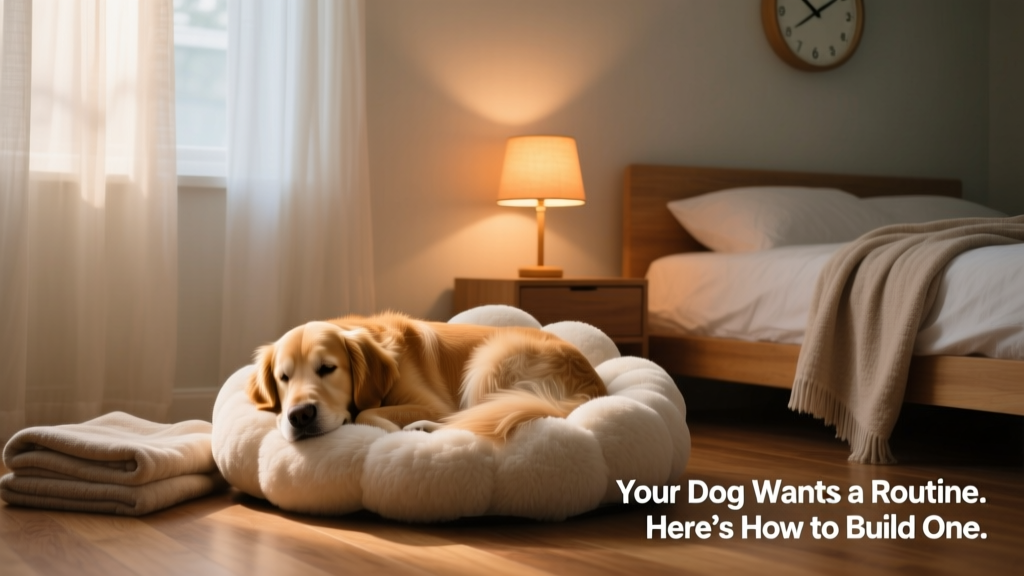 A dog curled up comfortably in a soft, inviting dog bed beside a dimmed bedside lamp