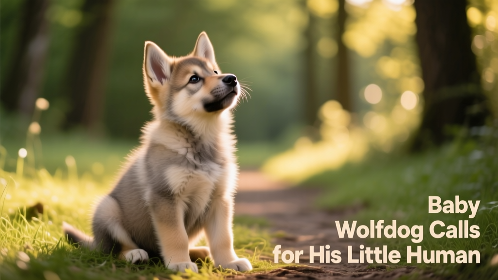Close-up of a fluffy wolfdog puppy sitting attentively on a grassy path, head tilted slightly upward as if listening or preparing to vocalize