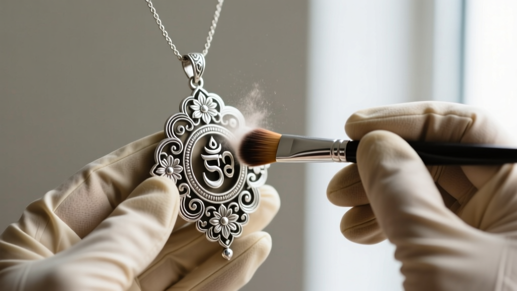 Gloved hands gently brushing a silver Nepali pendant with a soft makeup brush to remove dust from intricate filigree metalwork.
