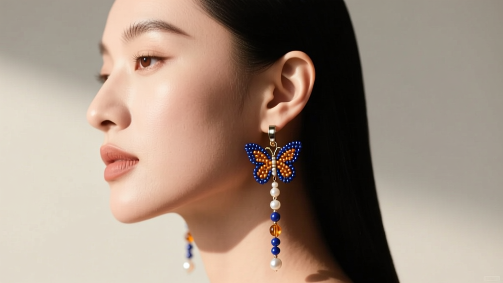 Side profile of a woman with an oval face wearing long beaded drop butterfly earrings, showcasing how the dangle elongates the jaw.