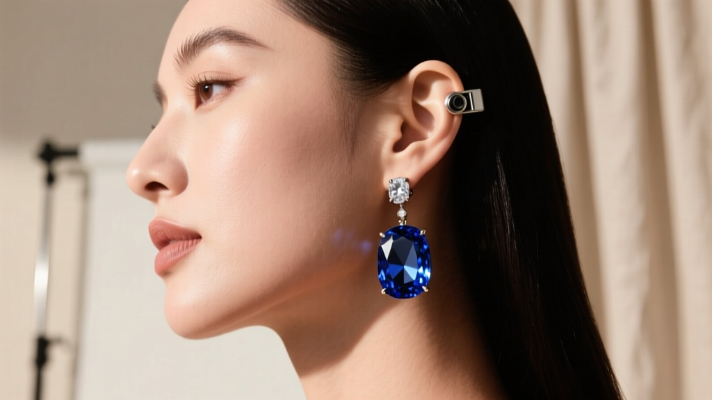 Side profile of a woman wearing a heavy gemstone drop earring attached via a discreet magnetic converter, showing a secure fit.