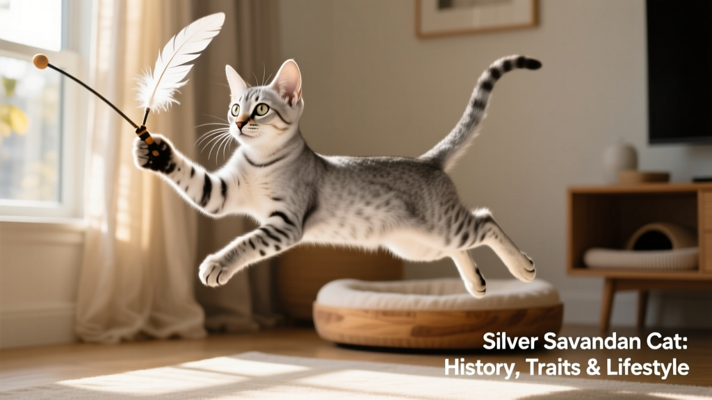 Silver Savannah kitten playing with a feather wand toy, highlighting its athletic build and alert expression