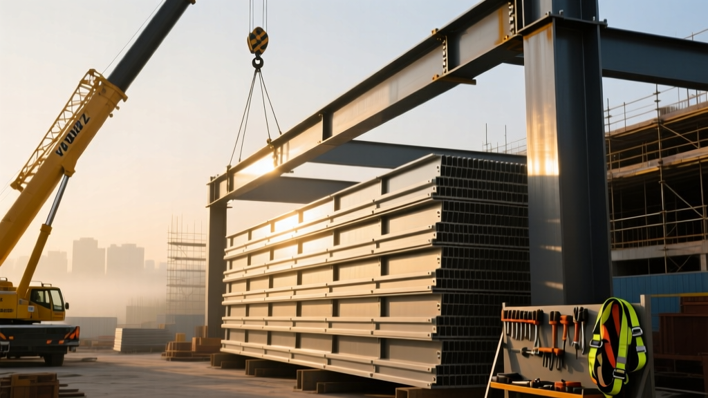 Commercial construction site featuring stacked YBZ composite structural panels and steel framing being hoisted by a crane at dawn