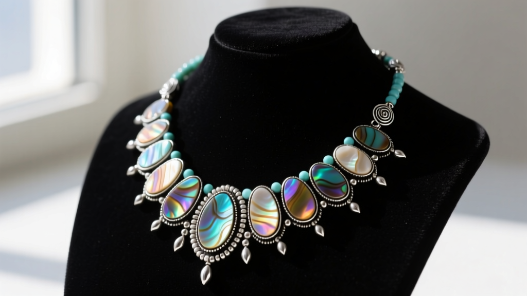 Close-up of authentic Navajo beaded necklace with hand-cut spiny oyster shell and sterling silver beads on dark velvet display.