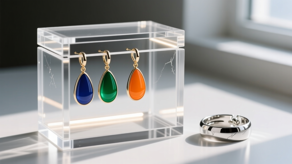 Close-up of a modular acrylic earring box with LED backlighting, showcasing colorful enamel drop earrings and silver ear cuffs