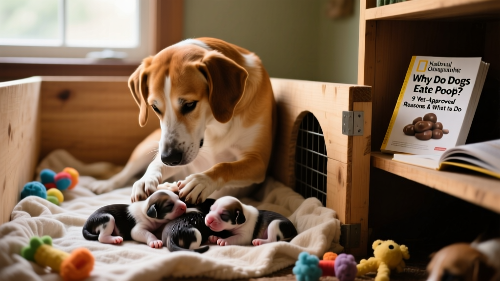 Mother dog cleaning her puppies in a whelping box