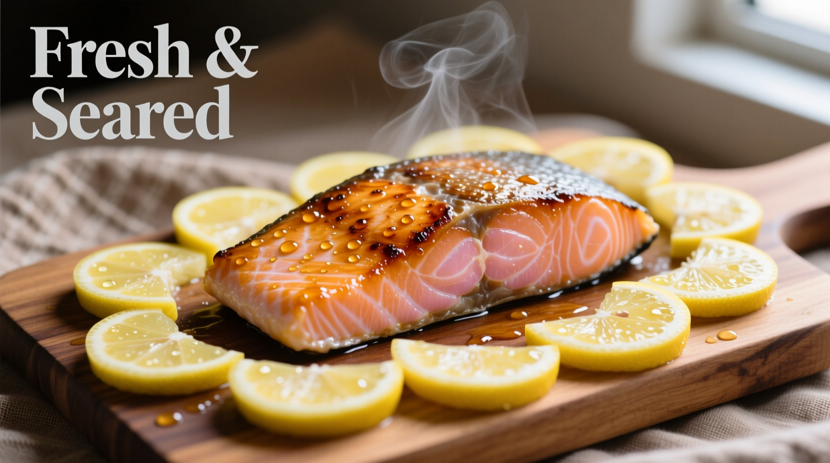 Perfectly seared salmon fillet with lemon slices