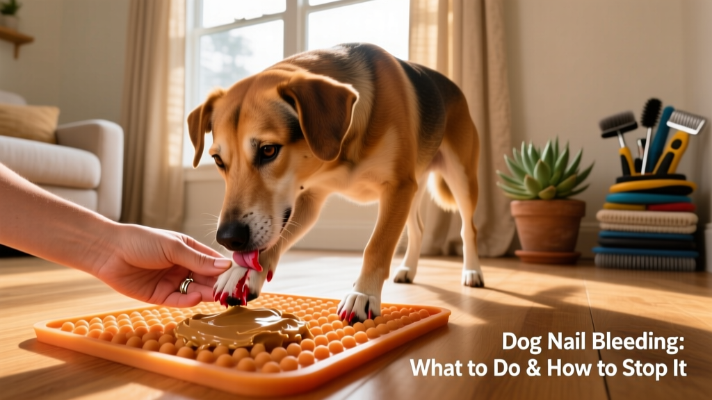 Dog calmly licking peanut butter from a FurPetVo silicone lick mat while a person gently holds its paw