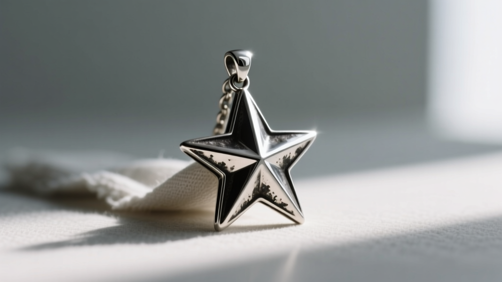 Soft cloth buffing oxidized recesses of a vintage silver star pendant, contrasting matte backgrounds with high-shine star points.