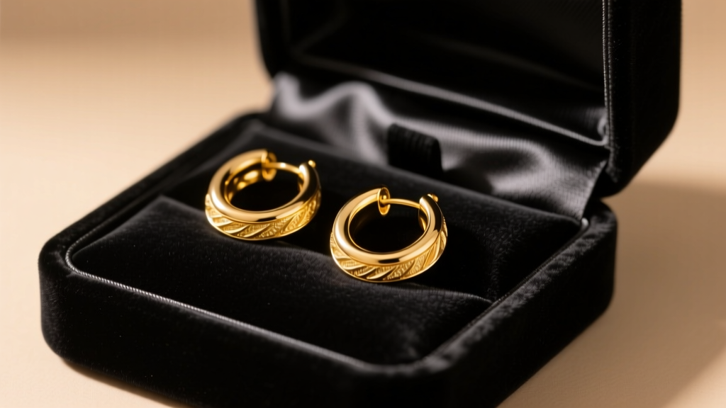 Velvet gift box opened to reveal 14k yellow gold snap closure hoop earrings resting on black satin under soft studio lighting