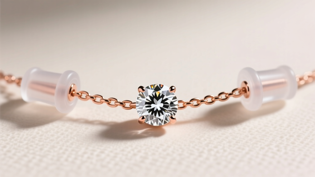 Clear silicone necklace stoppers placed on a rose gold chain to securely hold a floating solitaire diamond pendant in the center.