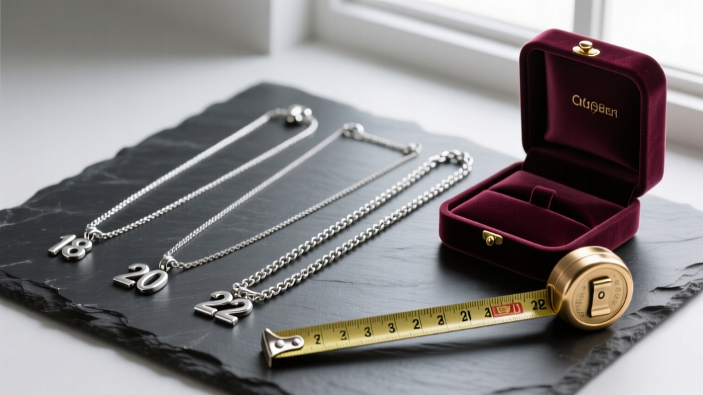 Flat lay of silver mens chains at 18, 20, and 22 inches on dark slate, beside a brass tape measure and an open velvet jewelry box.