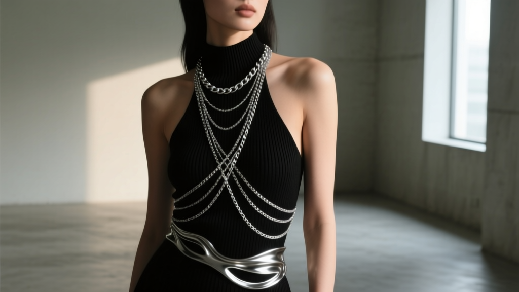 Woman in a black knit halter top layered with a multi-strand silver body chain wrapping dynamically around her waist and torso.