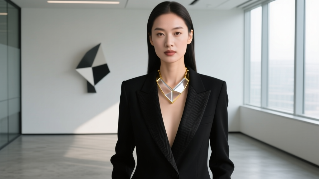 Woman in tailored black blazer wearing a geometric lightweight acrylic and gold-plate bib necklace, minimalist office background.