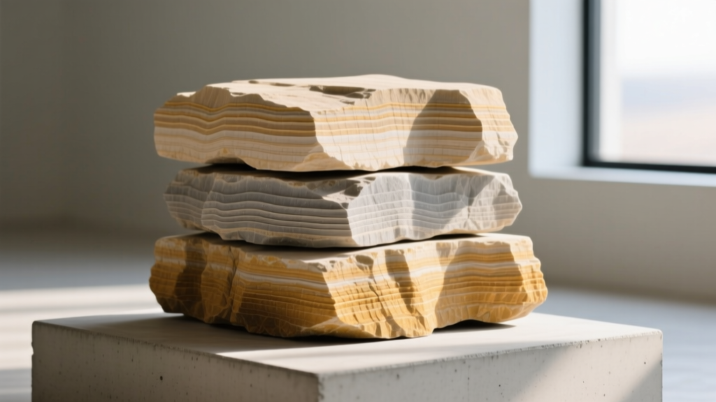 Close-up of cross-bedded quartz sandstone blocks with visible stratification layers stacked on a reinforced concrete base
