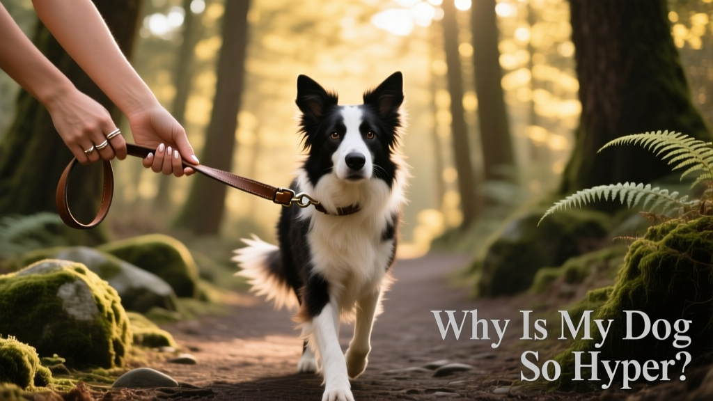 Two hands gently holding a calm, focused dog’s leash while walking on a shaded forest path