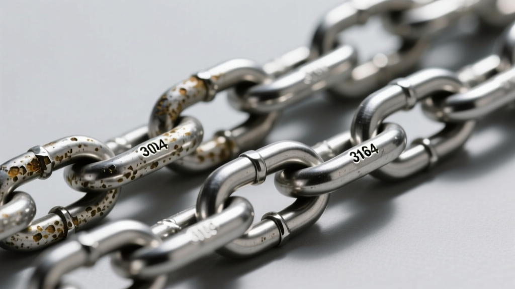 Macro view of 304 and 316L stainless steel chains, revealing slight surface pitting on the 304 alloy after saltwater exposure.