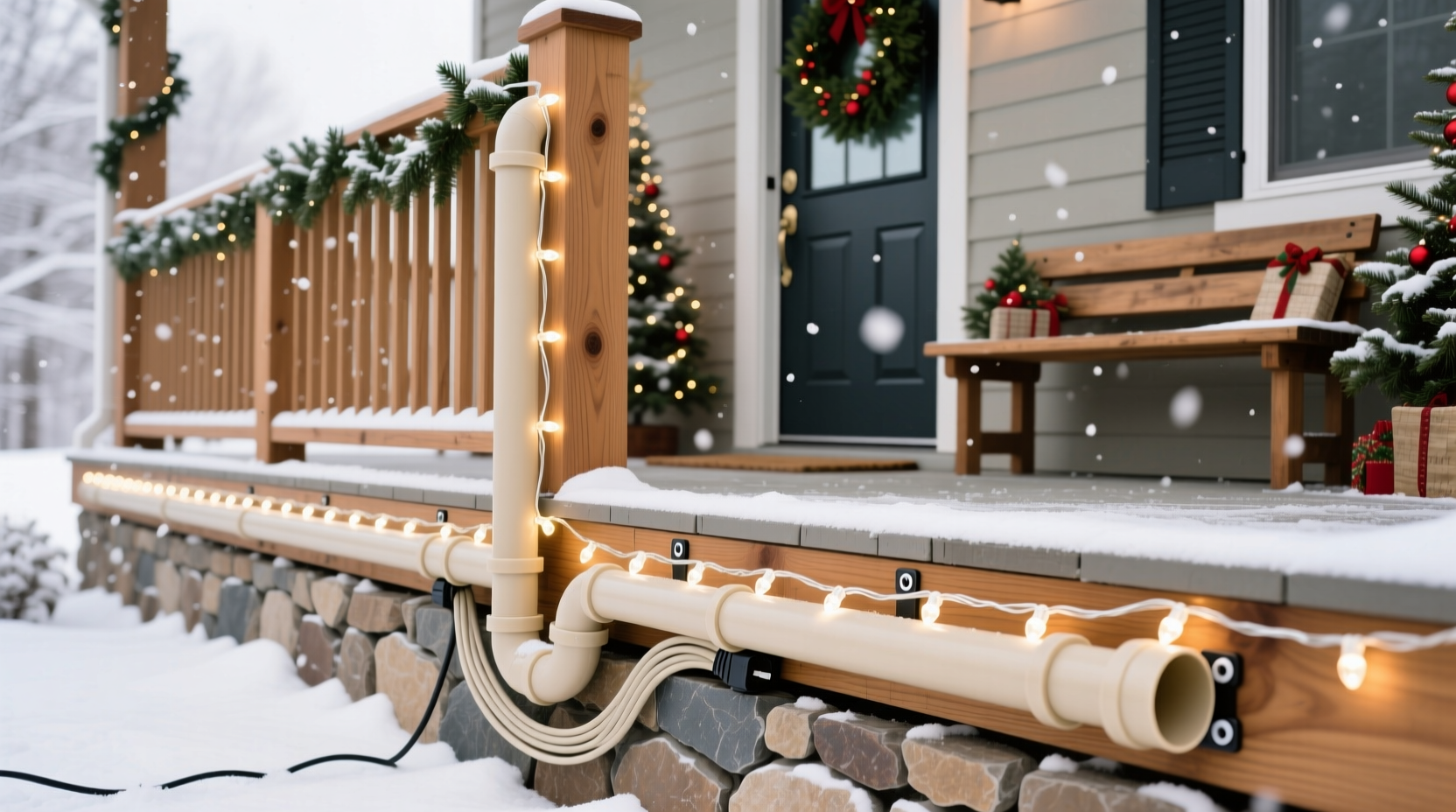 how to hide extension cords on a front porch christmas display without tripping hazards or ugly tape