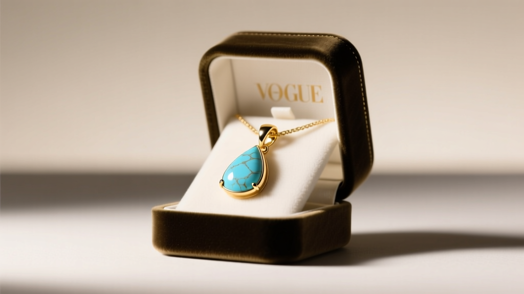 Velvet box displaying a gold pendant with a teardrop light blue Royston turquoise stone, lit by soft warm studio lighting.