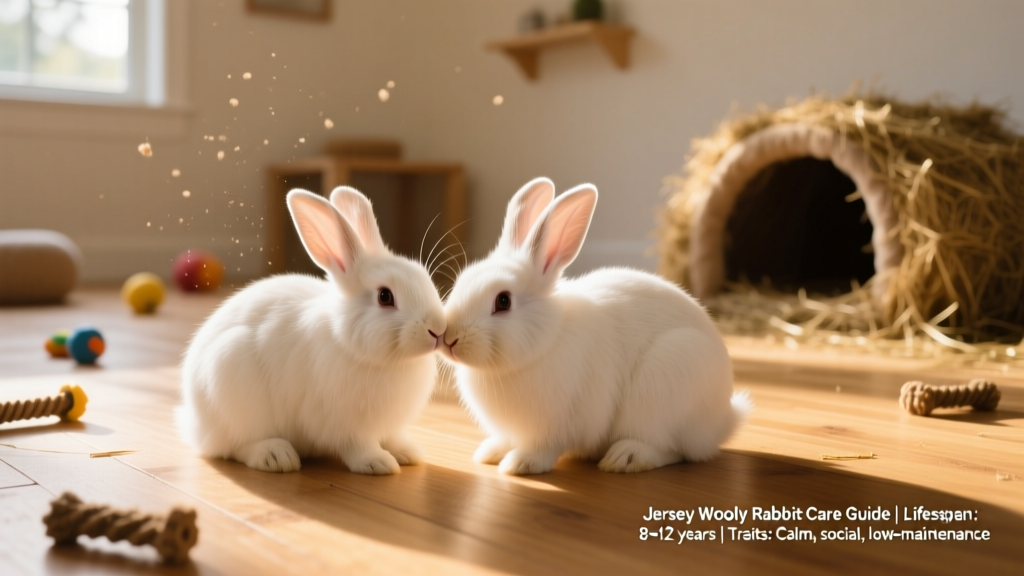 Two bonded Jersey Wooly rabbits grooming each other in a sunlit indoor play area