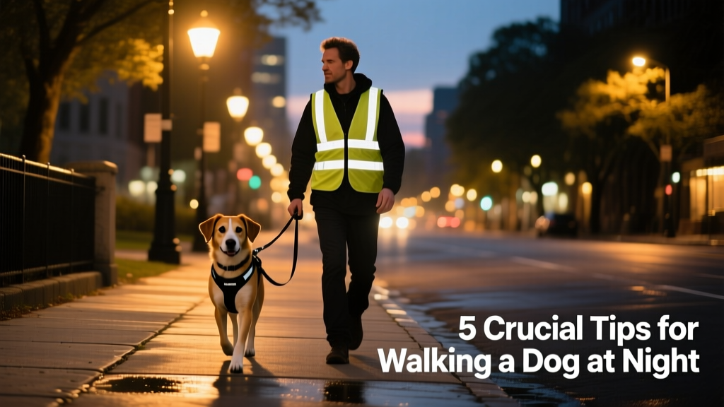 A person walking a dog at dusk along a well-lit sidewalk, both wearing reflective gear