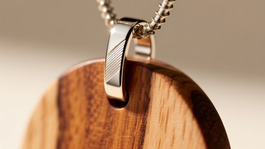 Close-up of a titanium screw-eye bail threaded into a maple wooden disc necklace edge, showing proper jewelry hardware fitment.
