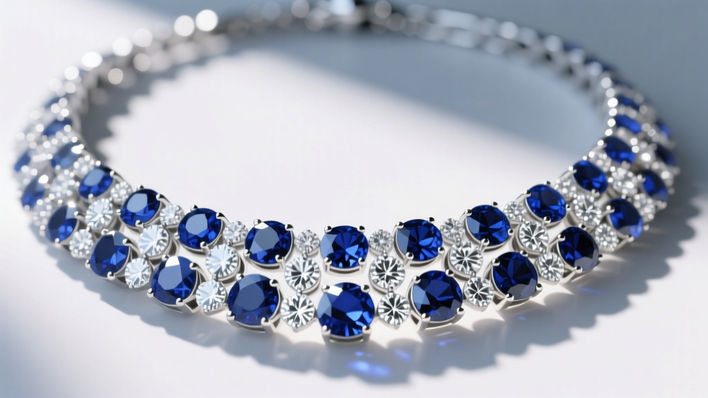Macro photography of a multi gem station necklace with alternating round brilliant diamonds and blue sapphires catching direct sunlight