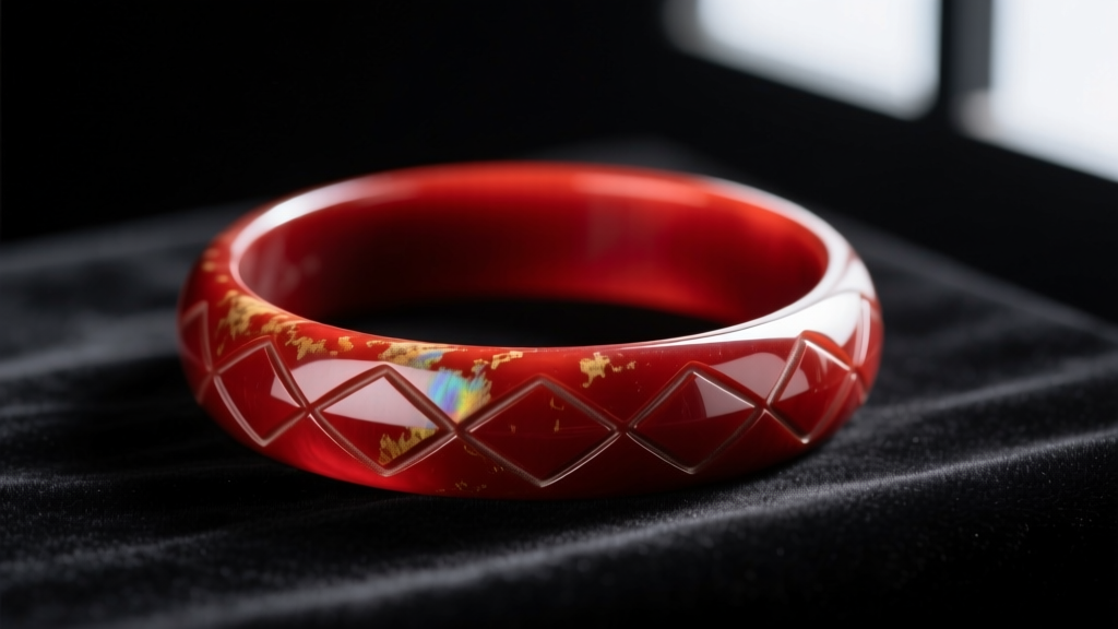 Carved cherry-red Bakelite bangle on dark velvet showing the deep patina and smooth, rounded edges of the vintage plastic material