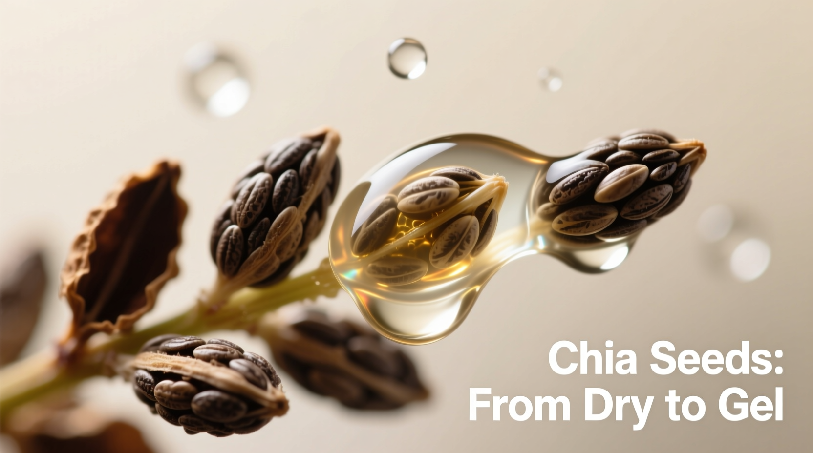 Chia seeds transforming from dry to gel-coated state