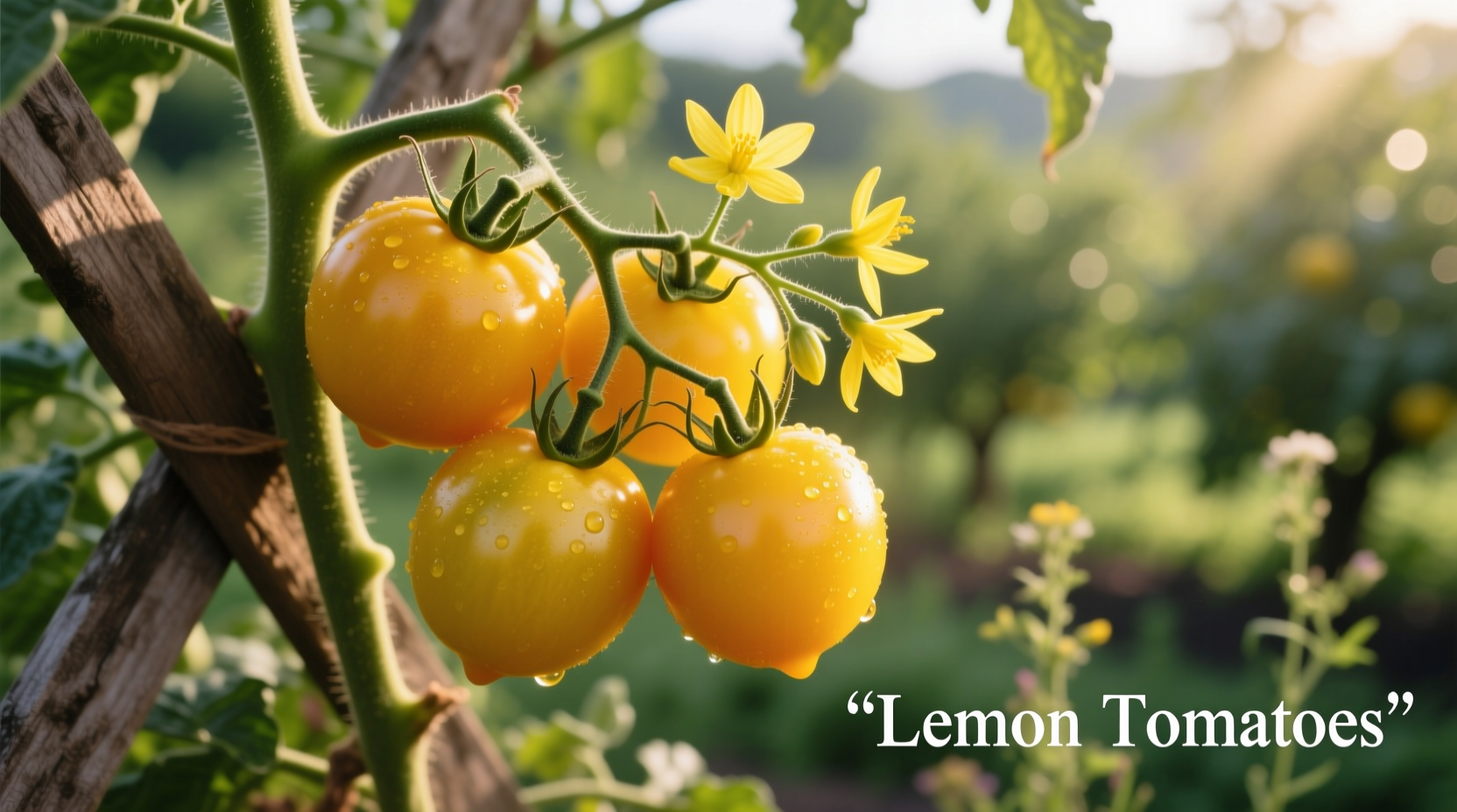 Ripe lemon tomatoes on vine with yellow blossoms