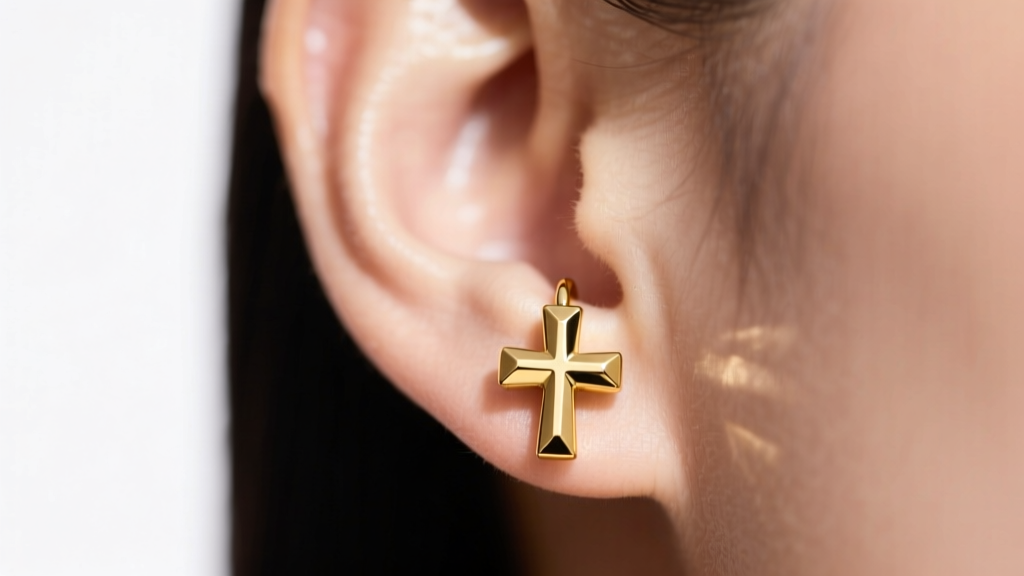 Close-up of a styled ear stack featuring 10mm 14k yellow gold cross huggie earrings on the lower lobe, soft studio lighting.