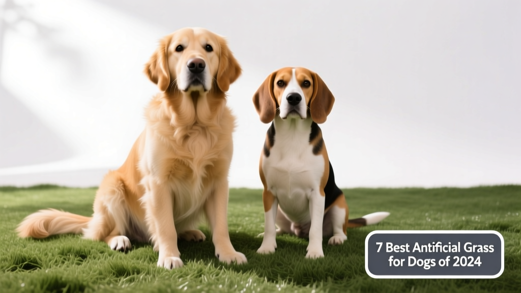Two dogs sitting comfortably on realistic-looking artificial grass against a bright background
