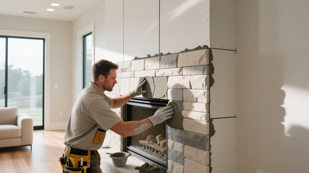 Mason applying Type S mortar to stack manufactured stone veneer panels on a prepared interior drywall fireplace surround in a modern living room