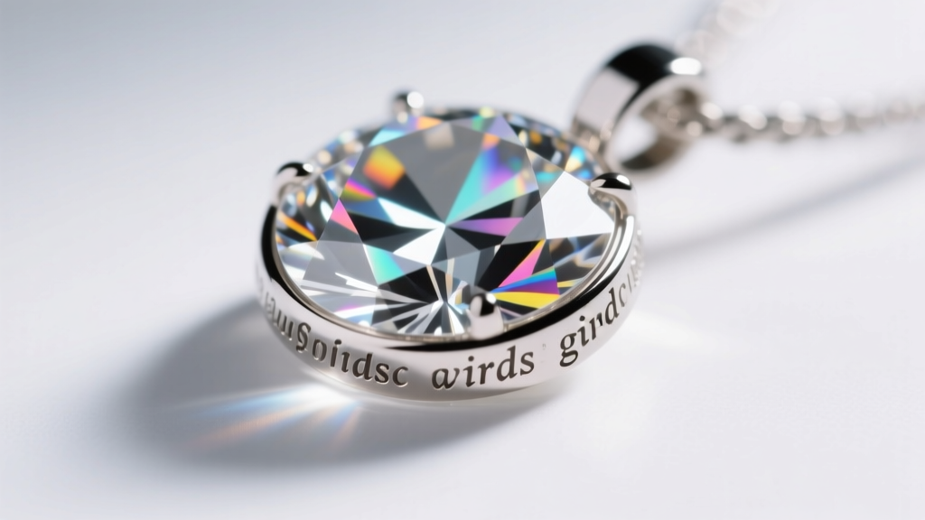 Macro photography of a lab made diamond jewelry pendant showing laser inscription on the girdle, captured through a microscope.