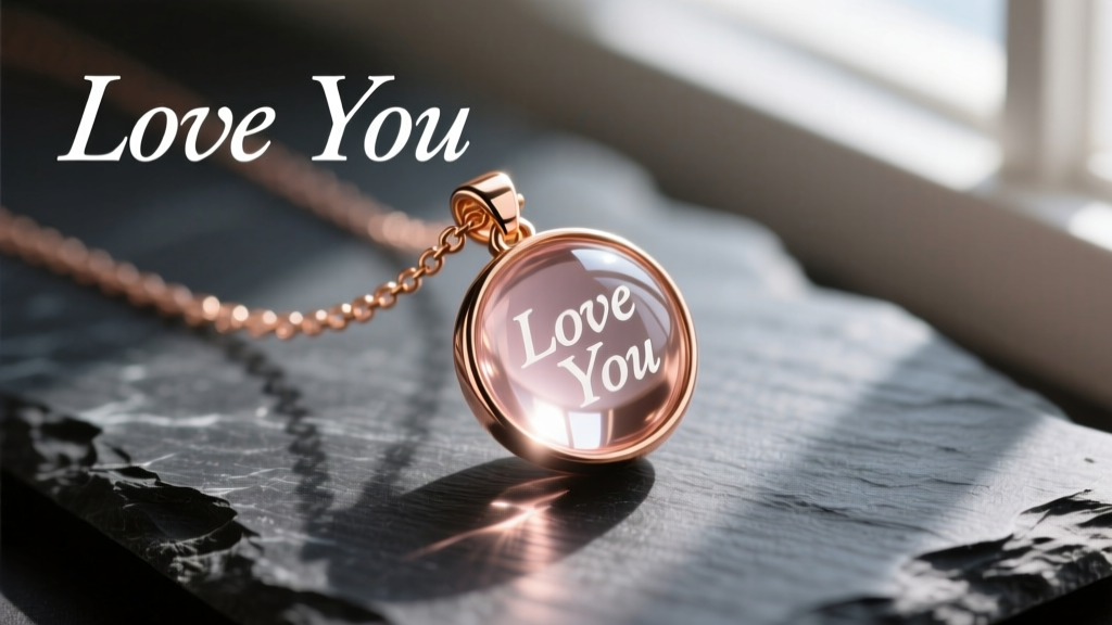 Macro shot of a rose gold love you necklace pendant on dark slate, glowing text projection visible on the central glass bead.