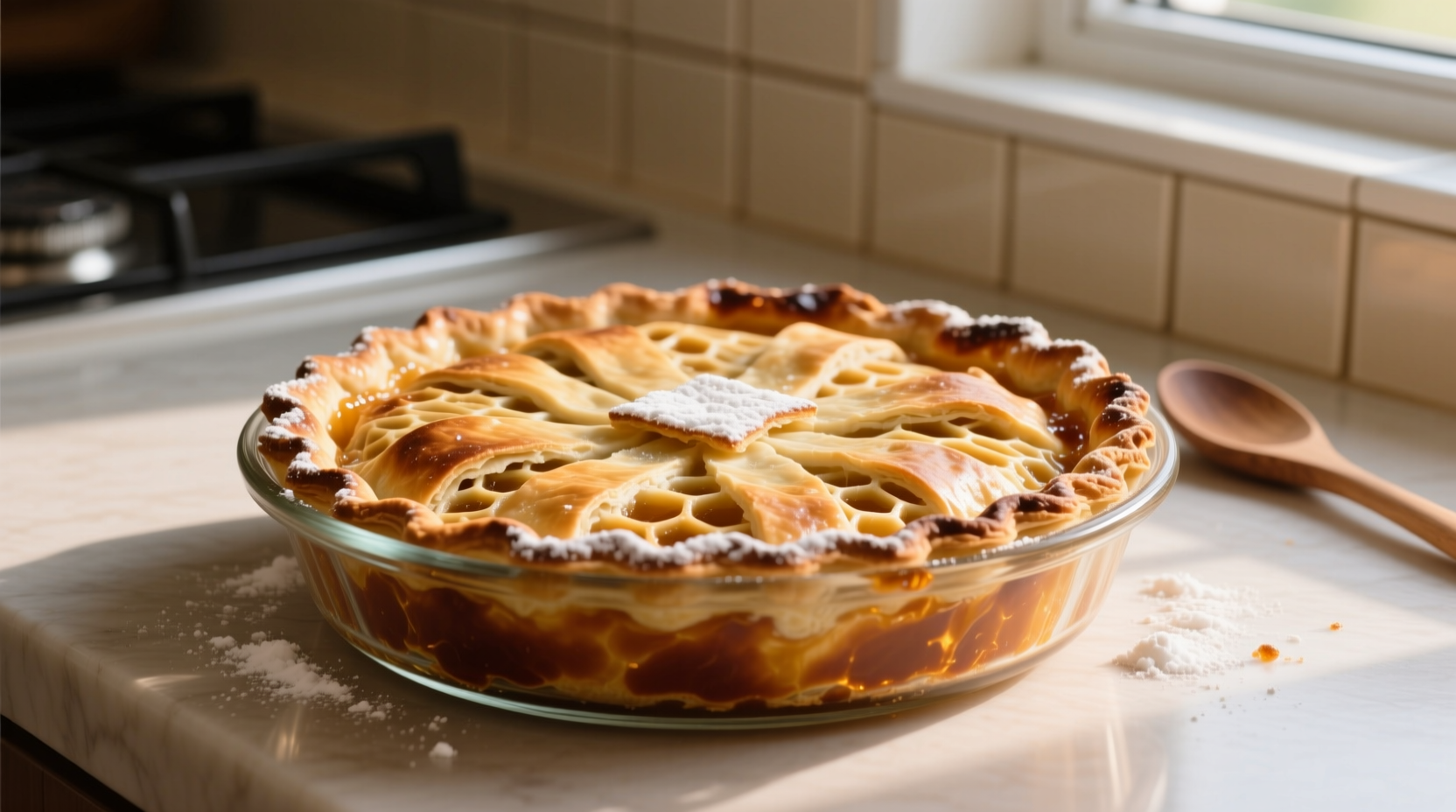 Perfectly golden brown baked pie crust in glass dish