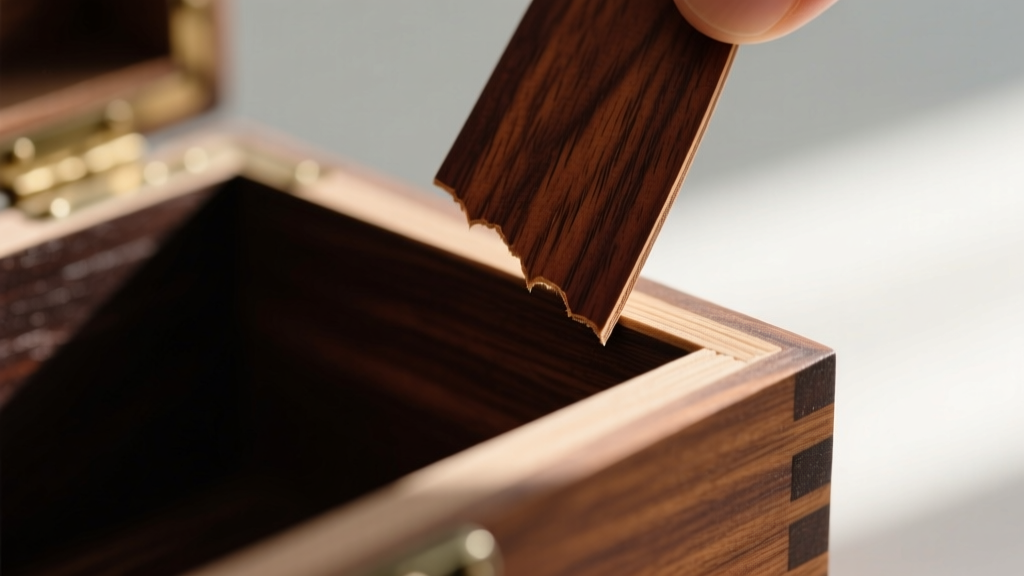 Macro shot of lifting mahogany veneer on a vintage box corner, showing dark plywood substrate beneath the decorative wood layer.