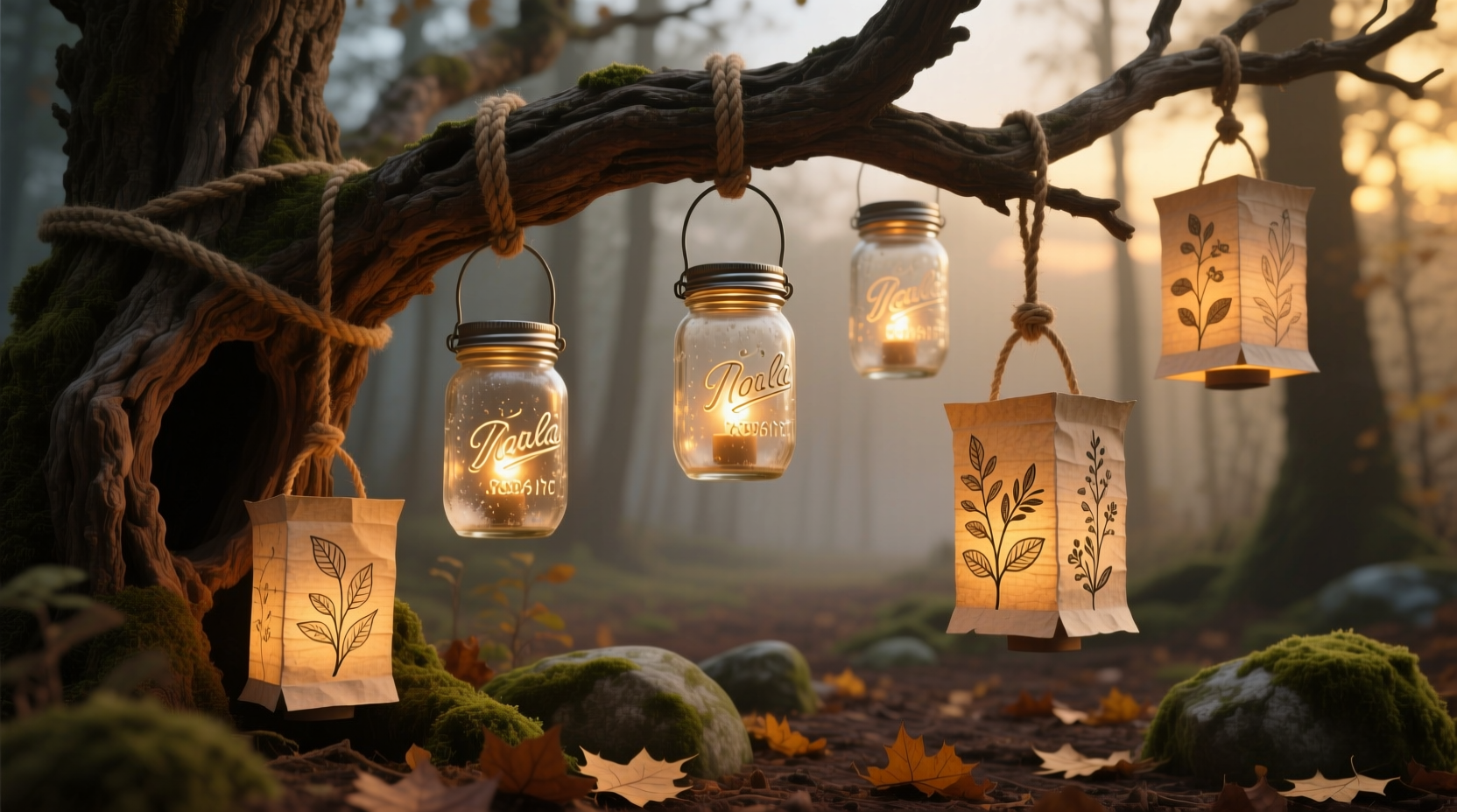hanging mason jar lanterns vs paper luminaries which complements a rustic tree theme